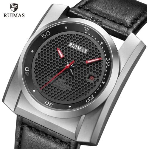 RUIMAS Military Sport Automatic Watches Men Square Honeycomb Dial Mechanical Wristwatch Man Luxury Leather Waterproof Watch 6775