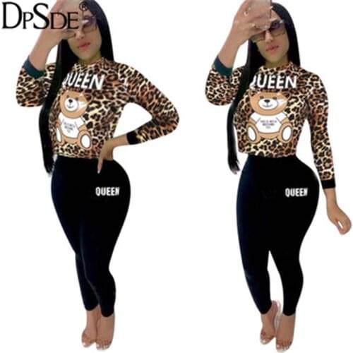DPSDE Leopard Grain Cartoon Warm Two Pieces Women Set Autumn O Neck Skinny Casual Top New 2020 Elastic Shwo Thin Bodycon Pants
