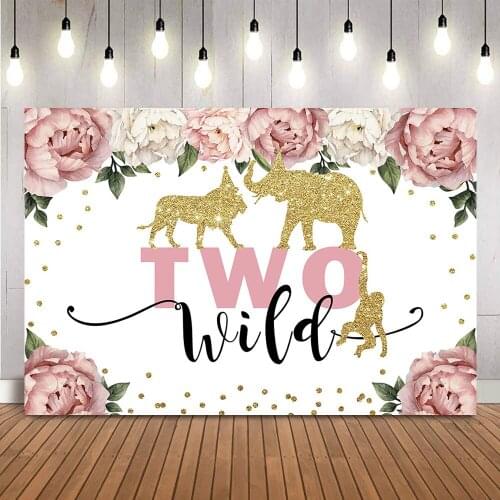 Two Wild Birthday Backdrop Safari Jungle Floral Background for Photo Studio 2nd Birthday Girls Party Decoration Banner photocall