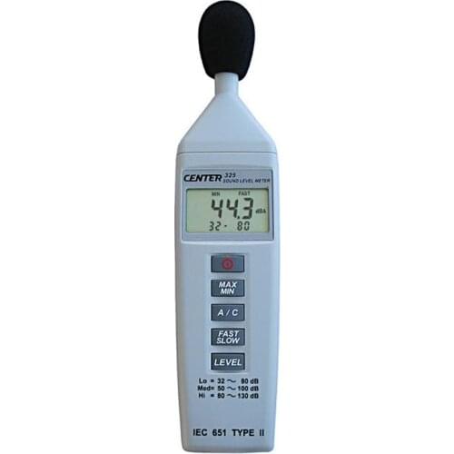CENTER-325 Sound Level Meter (Compact Size)Level Range DisplayMax/Min FunctionResolution 0.1dB IEC 651 TYPE II