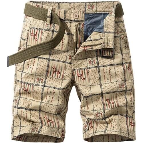 Summer Plaid Print Cargo Short Men Casual Loose Pure Cotton Mens Overalls Mid-waist Knee Length Men Short Large Size 30-38