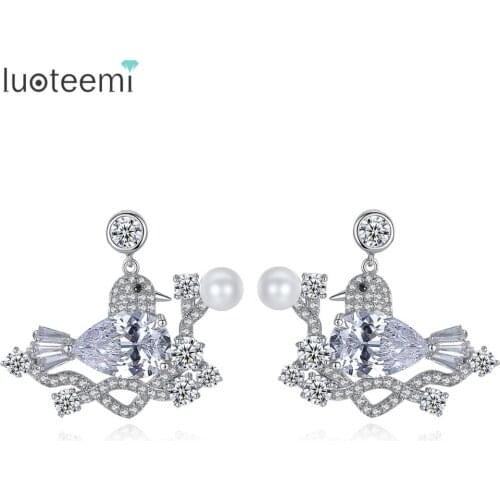 LUOTEEMI Newest Trendy Stud Earrings Fairy Magpie Shape Cubic Zircon with Imitation Pearl Brincos For Women Party Gift Jewelry