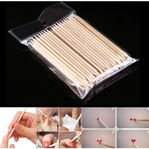 Monja 100pcs Dual End Nail Art Cuticle Dead Skin Remover Wood Stick Pusher Rhinestones Beads Dotting Picking Manicure Tool