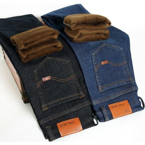 Men Winter Thermal Denim Pants Jeans Fleece Lined Warm Straight Leg Trousers Thick Straight-Leg Pants Loose Large Size