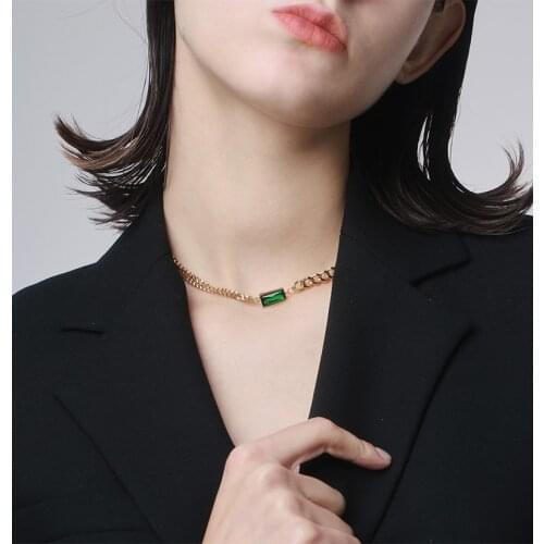YAOLOGE 316L Stainless Steel 2021 New Emerald Green Gem Necklaces Gold Color Chain Choker For Women Gift Fashion Party Jewelry