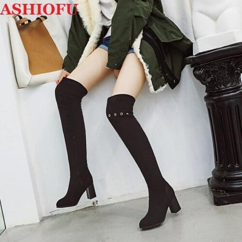 ASHIOFU Wholesale 2020 Handmade Womens Chunky Heels Boots Fisheyes-deco Party Over Knee Boots Sexy Evening Fashion Long Boots