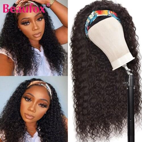 Beaufox Water Wave Human Hair Wig Headband Wig For Black Women Maylaysian Curly Human Hair Wigs With Headband Remy Scarf Wig