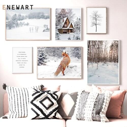 Snow Forest House Tree Owl Fox Landscape Wall Art Nordic Posters and Prints for Living Room Wall Pictures Home Decoration