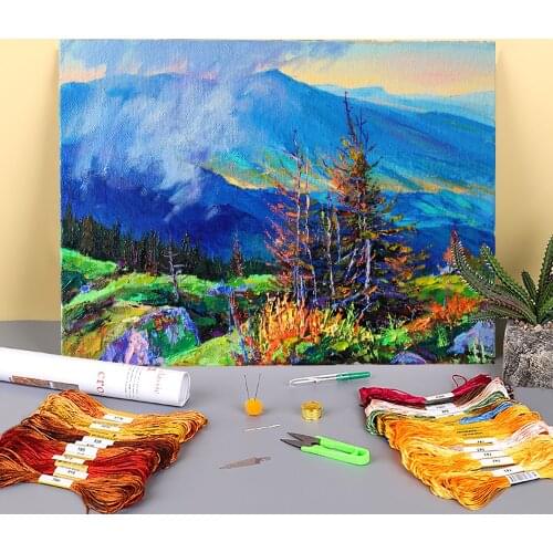 Landscape Morning Printed Fabric 11CT Cross-Stitch DIY Embroidery Full Kit DMC Threads Knitting Craft Sewing Handiwork Decor