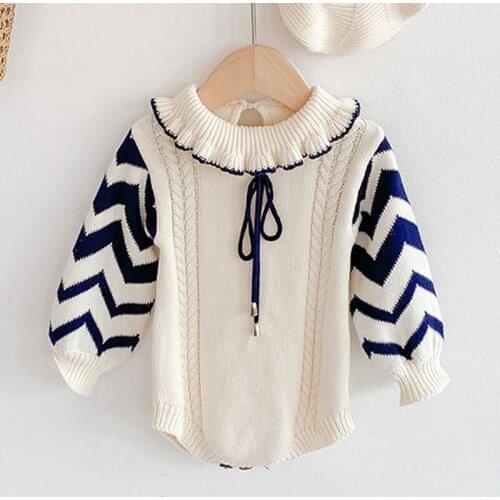 2020 Spring Autumn Kids Girl Lotus Leaf Collar Long Sleeve Rompers Clothes Infant Baby Girls Wave Knit Rompers Clothing