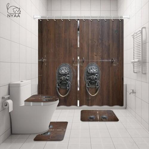 Retro Old Wood Door Shower Curtain Bath Mat Set Waterproof Fabric Bathroom Curtain Set Rug Lid Toilet Cover Home Decor