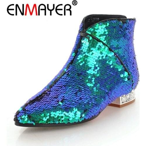 ENMAYER Women Ankle boots Pointed Toe Low heels Short boots Autumn Winter boots Glitter shoes Thick heels Silver Zipper CR1205