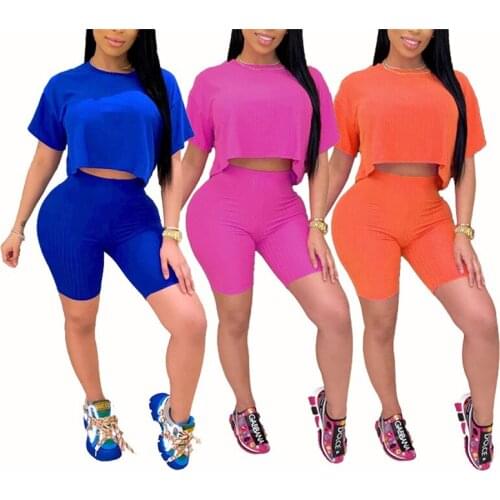 2020 Sexy Two Piece Set Sexy Solid Color Short Sleeve Loose Crop Tops+High Stretch Pencil Shorts Sets Women Two Piece Outfits