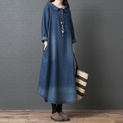 Women’s Denim Dress 2021 Autumn Spring Blue Long Sleeve Maxi Shirt Dresses Casual Button Peter Pan Collar Pocket Dress Vestidos