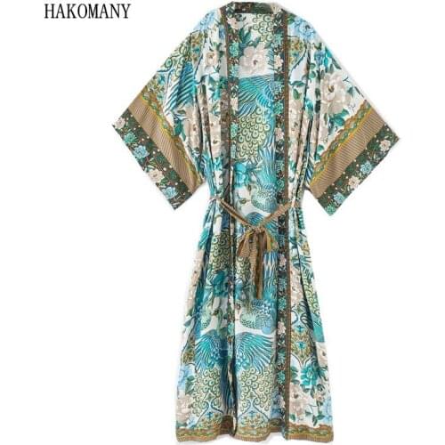 Bohemian V neck Peacock Flower Print Long Kimono Shirt Ethnic Lacing up With Sashes Long BOHO Cardigan Tie Bow Blouse
