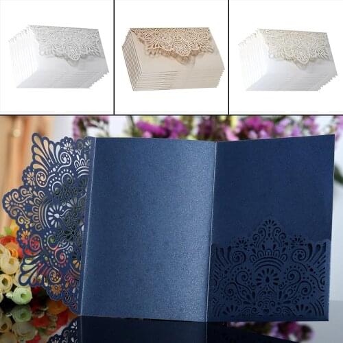 10Pcs White Champagne Blue Laser Cut Noble Flora Wedding Invitations Card Elegant Lace Favor Envelopes Wedding Party Decor