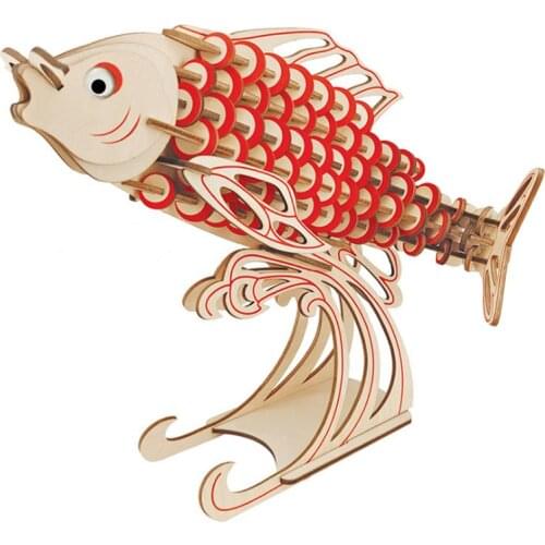 3D Wooden Animal Puzzle Carp Building Model DIY Puzzles Hand-assembled Simulation Educational Toy Children Gifts