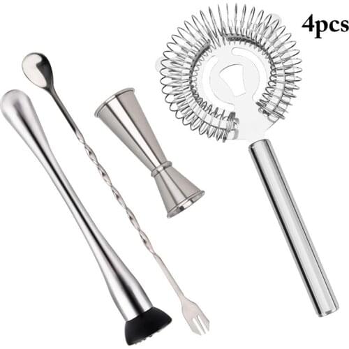 4pcs Stainless Steel Cocktail Shaker Mixer Drink Strainer Ice Tongs Mixing Spoon Measure Cup Bartender Bar Tools Kit