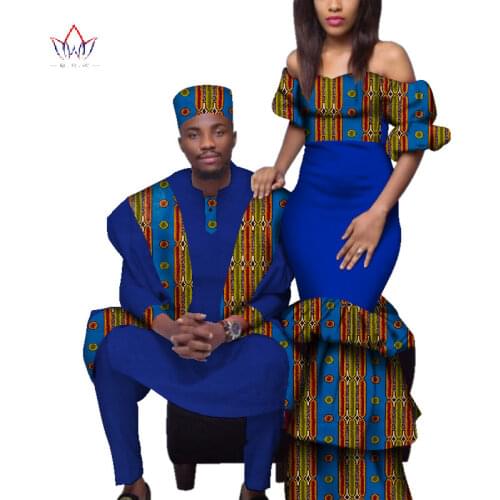 African Couple Clothes African Dresses for Women Bazin Riche Long Dresses African Men Print Gown Top and Pants WYQ221