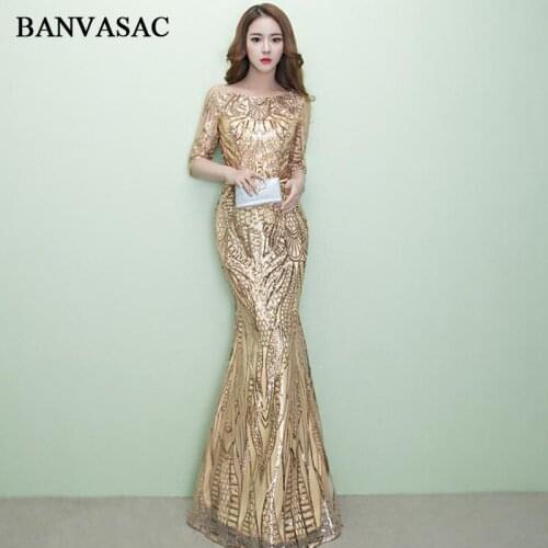 BANVASAC O Neck Sequined Leaf Sash Mermaid Long Evening Dresses Vintage Lace Half Sleeve Party Prom Gowns