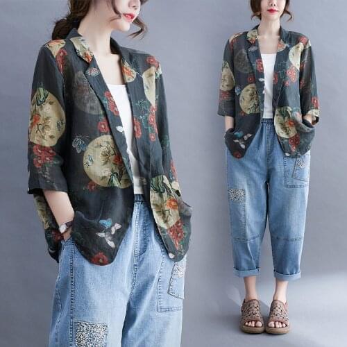 Blazers Women Floral Print Vintage Cottton and Linen Summer Top Short Sleeve Single Button Graffiti Blouse Blazer Suits Jacket
