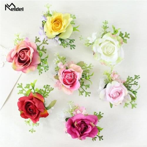 Meldel Wrist Corsage and Boutonniere Artificial Flower Silk Rose Wedding Wrist Corsage Men Boutonniere Brooch Pins Girl Bracelet
