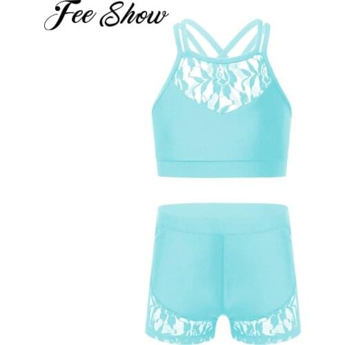 Kids Girls Lace Sports Suits Ballet Outfit Strappy Cross Sleeveless Sports Bra Top Crop Top Shorts Bottom for Sports Workout Gym