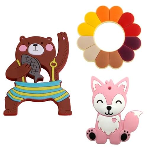 Lovely Baby Silicone Teething Toys Food Grade Silicone Cute Bear Catching Fish Shape Teether Nursing Pendant Necklace Accessory