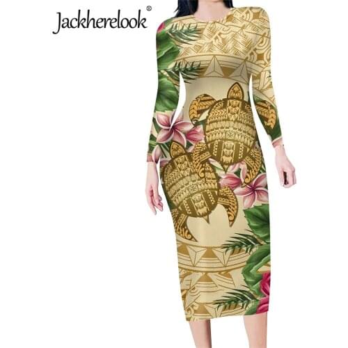 Jackherelook Samoa Tropical Turtle Polynesian Print Elegant Tuni Bodycon Dresses for Womens Long Sleeve Crew Neck Pencil Dress