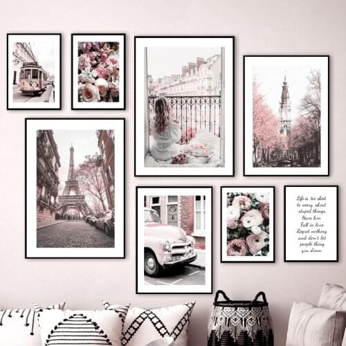Paris Tower Pink Car Tram Peony Cherry Girl Nordic Posters And Prints Art Canvas Painting Wall Pictures For Living Room Decor