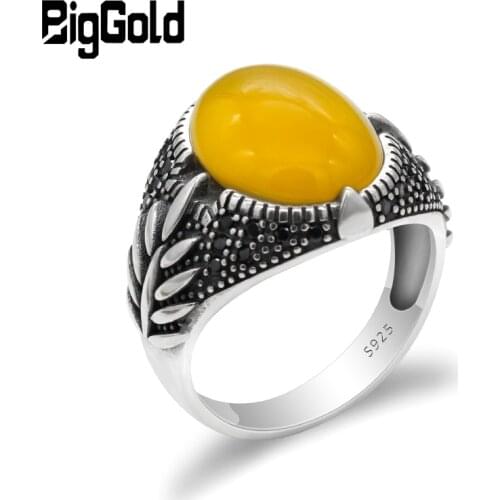 Turkish Agate Ring for Men 925 Sterling Silver Big Natural Gemstone with Black CZ Aqeeq Mens Rings for Man Women Jewelry Gift