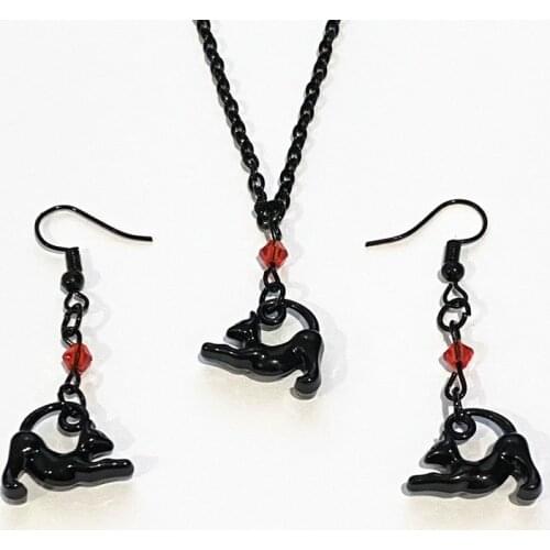 Black Cat Pendant Necklace Earrings Jewellery Set with Red Beads, Victorian Gothic Costume Jewelry, Gifts for Ladies