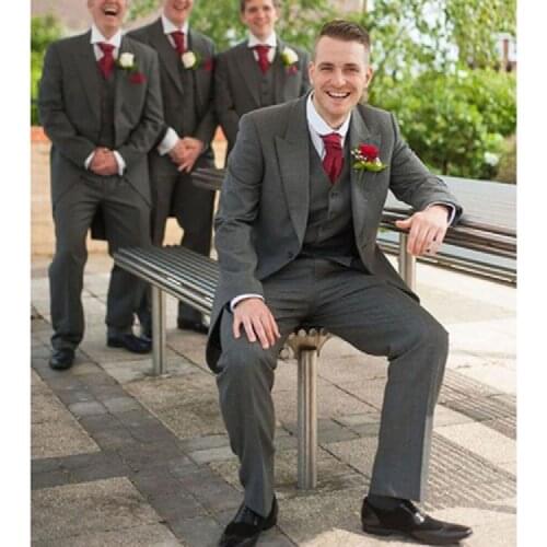 Custom Mens Suit Smoking Grey Tailcoat Men Wedding Suit Slim Fit 3 Piece Groom Tuxedo Groomsmen Suits Prom Blazer Terno