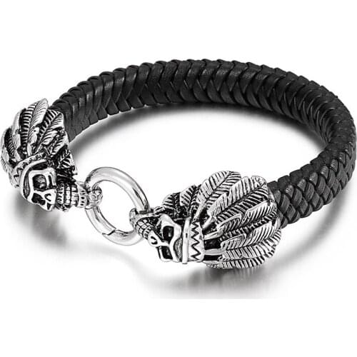 HAOLYNJOY 12mm Leather Braided Bracelet Skull Patriarch Stainless Steel Symbol Bracelets