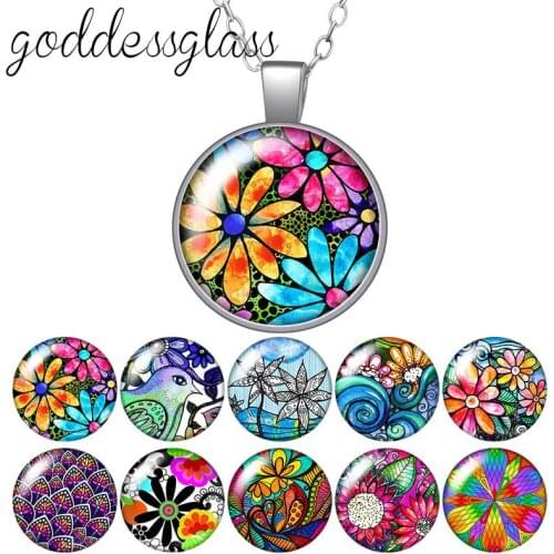 Beauty painting Flowers Birds Dasiy Sunflower Round Glass glass cabochon silver plated/Crystal pendant necklace jewelry for Gift