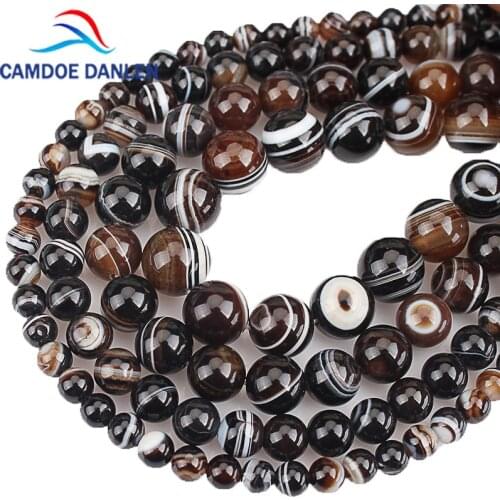 Natural Stone Top Grade Coffee Onyx Stripe Agates Round Loose Beads 6 8 10 12 14MM DIY Bracelet Necklace Bead For Jewelry Making
