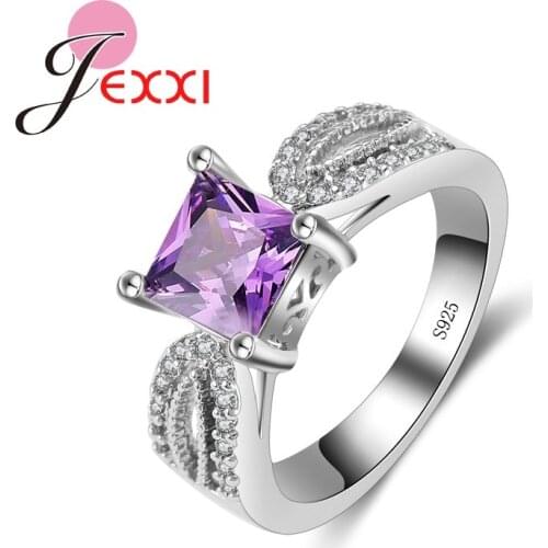 Fashion Big Purple Square Crystal Rings Women Anillos Cubic Zirconia 925 Sterling Silver Wedding Jewelry Wholesale