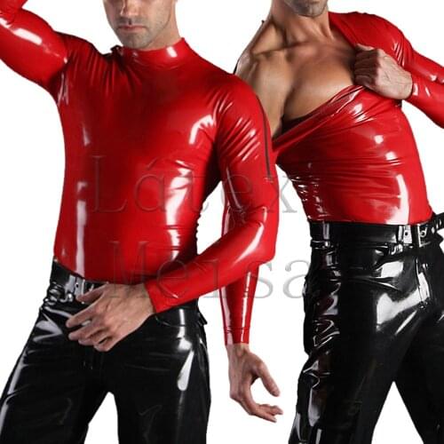 Shoulder Zipper design mens custom tailored latex tops in red color and made of 100% real and natural latex materials