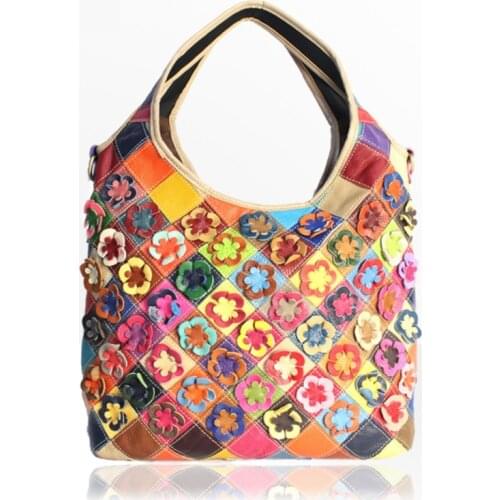 Cowhide Vintage Patchwork Shoulder Bag Women Underarm Bag Large Capacity Ertical Design Flowers Grid Cross-body Bag