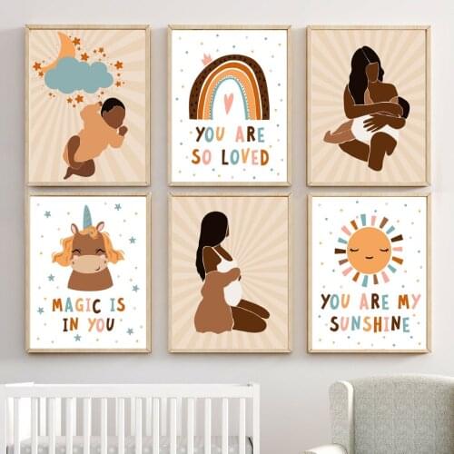 Wall Art Canvas Painting Baby Mammy Rainbow Sun Cartoon Nordic Posters And Prints Wall Pictures For Kids Room Bedroom Decor