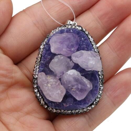 Natural Stone Amethysts Diamon-Studded Pendants Charms for Jewelry Making DIY Necklace Size 40x70mm