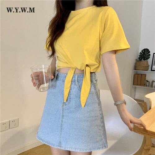 WYWM 2021 New Summer Women Soft Cotton T Shirt Casual Waist Tied Knot Slim Fit T Shirts Harajuku Female Lace-up Cropped Tops