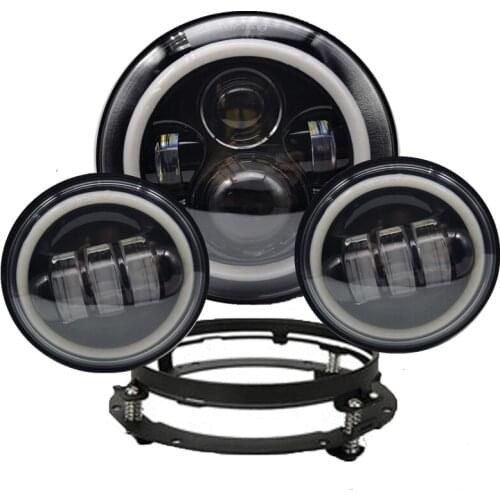 Black 7" Inch LED Headlight with DRL Angel Eyes Halo + 4.5" 4-1/2" 30w Fog Light Passing Lamps for Harley Motorcycles