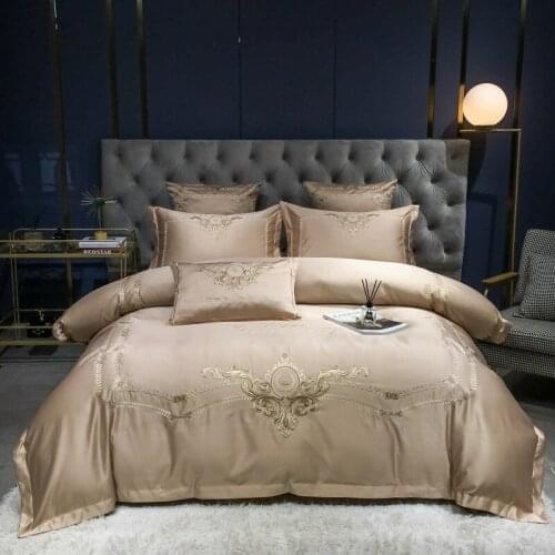 Luxury European Beige Washed Silk Cotton Bedding Set Golden Embroidery Duvet Cover Flat/Fitted Sheet Pillowcases Home Textiles