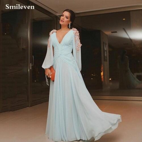 Smileven Sky Blue Chiffon Puff Sleeves Prom Dresses Sexy V-Neck Pleats 3D Flowers Longo Evening Party Gowns