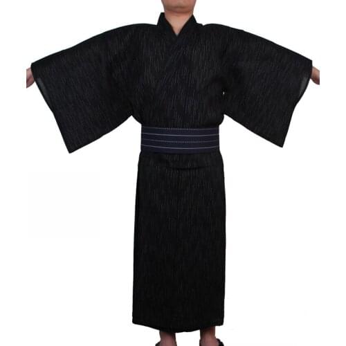 Japanese Samurai Kimono Men Home Wear Costumes Loose Cotton Black Yukata Traditional Clothing Pajamas Nightgown Robe