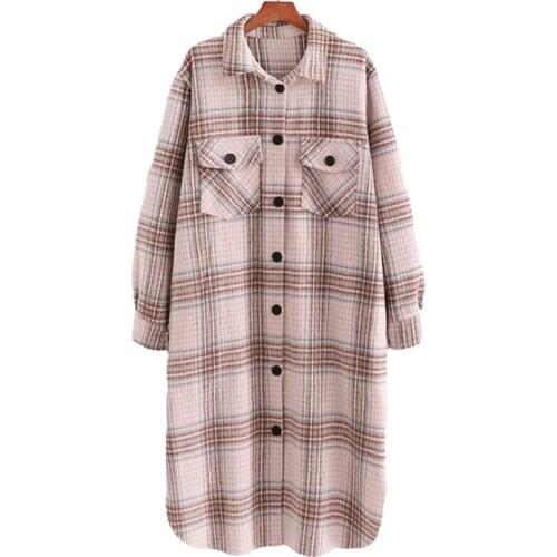 Nice Vintage Woman Loose Light Pink Plaid Long Woolen Shirt Coat Autumn Winter Vogue Woman Soft Outwear Female Casual Jacket