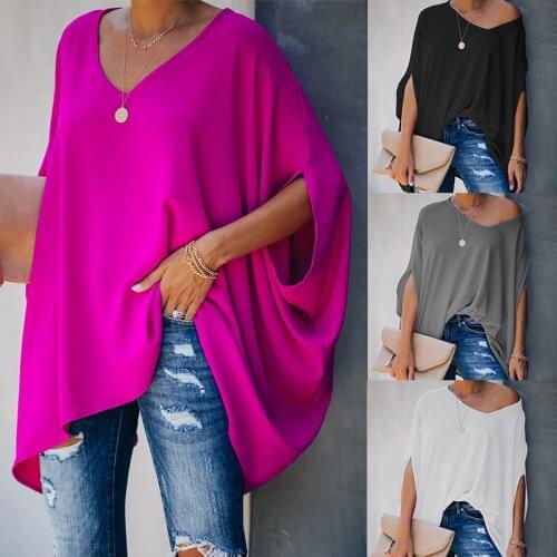 Summer Bat Sleeve Womens Long-sleeved Bat-sleeved T-shirt Top Elegant Sexy V-neck Oversized Solid Color Loose Fit Lady Clothing