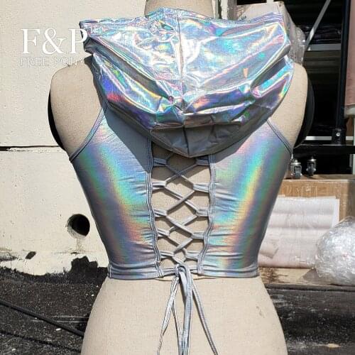 Silver Holographic Women Hoodies Top Rave Festival Lace up Top Clothes Outfits Laser Hologram Foil Fabric Women Tank Top