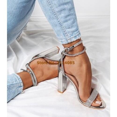 Women Luxurious Bling Bling Buckle Strap Gladiator Sandals Silver Black Chunky Heel Wedding Shoes Single Strap Shining Pumps
